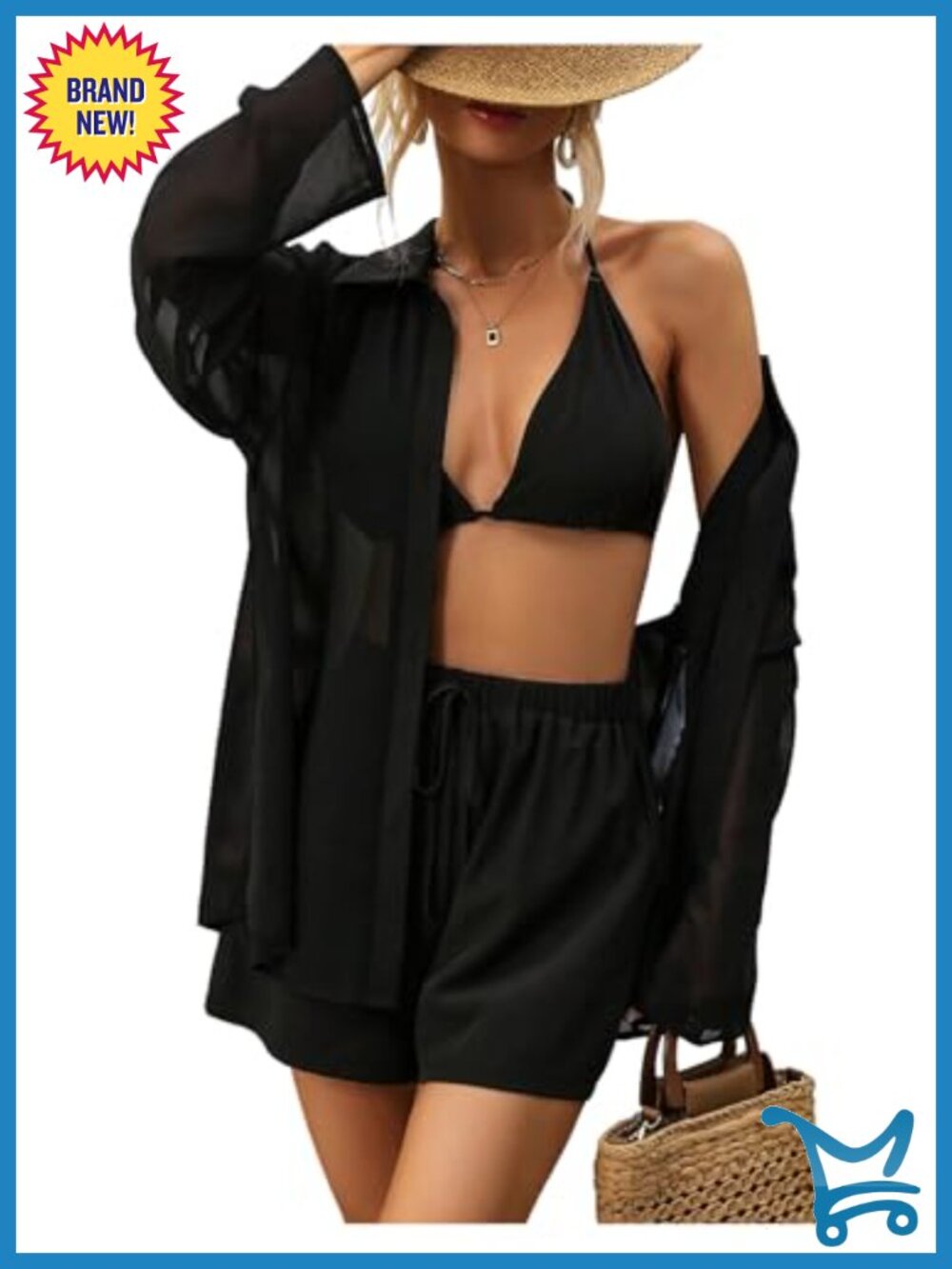 Summer Vacation 3 Piece Set: Halter Crop Top, Shorts, Mesh Button Down